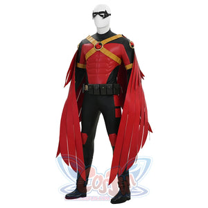 Tim cosplay costume three quarter front view with red cape chest details and gold X-straps