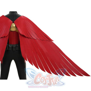 Tim cosplay costume back view with red wings fully spread showing gold clasp and black suit