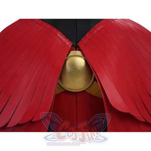 Tim cosplay costume back closeup showing gold cape clasp with red wings and black collar