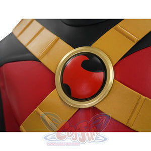 Tim cosplay costume chest emblem closeup showing gold ring and red symbol on crossed straps