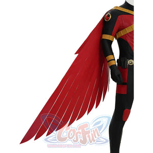 Tim cosplay costume side view showing black sleeve gold bands and red wing flowing down
