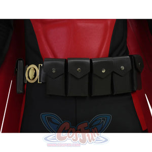 Tim cosplay costume utility belt closeup showing black pouches gold buckle and red chest