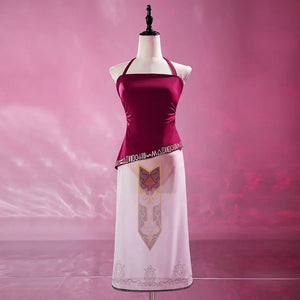 Princess Zelda Twilight Princess cosplay tankini set with wine-red halter top and white sheer skirt with Zelda crest print.