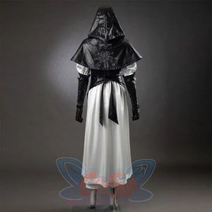 Undertaker cosplay nun costume back view, embroidered cross on black cape, white dress, black sash, gloves