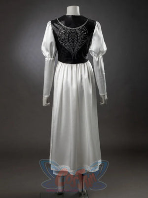 Undertaker cosplay nun costume back view, embroidered black vest, white long-sleeve blouse and white flowing dress