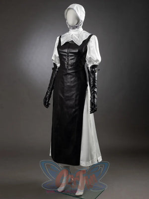 Undertaker cosplay nun costume front view showing white blouse, black corset pinafore dress, white headscarf, gloves