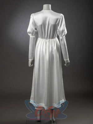 Undertaker cosplay nun costume white satin underdress back view, puffed sleeves, lace hem trim on mannequin