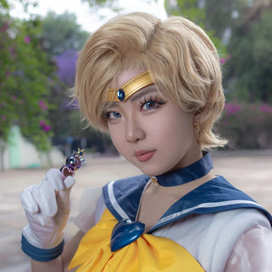 COSFUN Sailor Uranus Haruka Tenoh cosplay wig set pairs golden tiara and sailor suit with a mini star wand.
