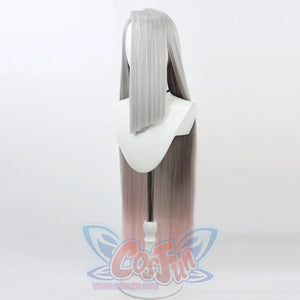 Hazbin Hotel Vaggie cosplay wig back view, long straight gray to pink gradient full length