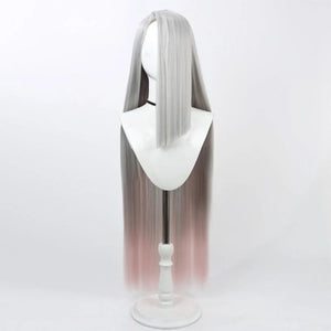Hazbin Hotel Vaggie cosplay wig, long straight gray to pink gradient hair, front view on mannequin