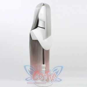 Hazbin Hotel Vaggie cosplay wig, long straight gray to pink gradient hair, side view on mannequin
