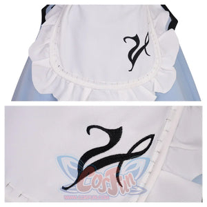 Two views of a white apron with a unique black embroidered design. The embroidery adds a personalized and artistic touch to the cosplay outfit.