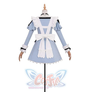 Back view of the costume, featuring a large white bow at the waist of the light blue dress. The ruffled shoulder straps and cuffs add to the charming maid style.