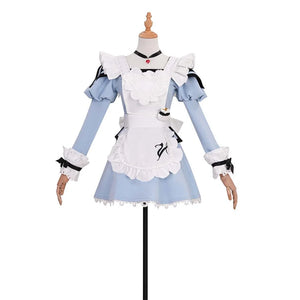 Front view of the Valentione's Apron Cosplay Costume on a mannequin. It features a light blue dress with white apron, puffy sleeves, and black accents, creating a sweet maid - like look.
