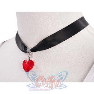 Close - up of a black choker with a red heart - shaped pendant, an adorable accessory that complements the cosplay costume.