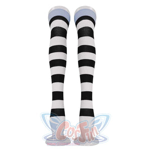 A pair of black and white striped thigh - high socks, displayed on white forms. They add a playful and stylish touch to the cosplay look.