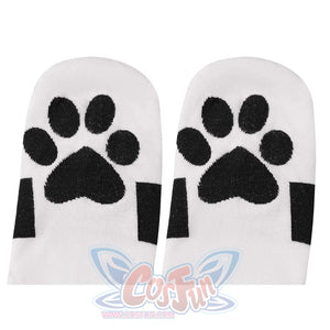 A pair of white socks with black paw prints. They are cute and fun, perfect for complementing the cosplay costume's overall aesthetic.