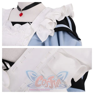 Two views of the shoulder and strap area. Shows the white ruffled shoulder straps and their connection to the dress, emphasizing the costume's structural details.