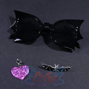 Vampire Vee Cosplay Costume accessories including black bat hair clip, purple glitter heart pin, and silver bat lapel pin