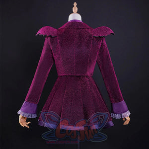 Back view of Vampire Vee Cosplay Costume displaying bat-wing collar, glitter blazer construction, and pleated skirt hem