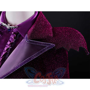 Close-up of Vampire Vee Cosplay Costume shoulder detail showing purple ruffled shirt, silver lapel pin, and bat-wing collar with glitter texture