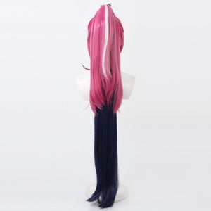 Hazbin Hotel Velvette cosplay wig back view, long pink and dark purple black highlighted hair