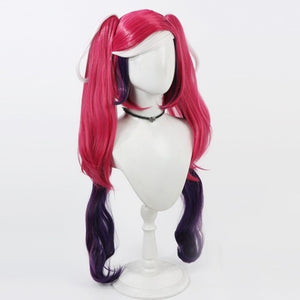 Hazbin Hotel Velvette cosplay wig, long pink and purple black highlighted twin tails, side view