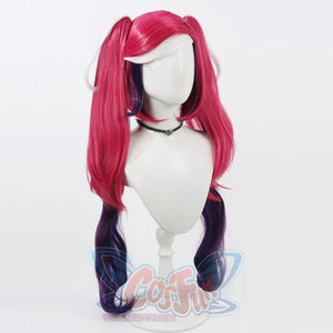 Hazbin Hotel Velvette cosplay wig, long pink and purple black highlighted twin tails, side view