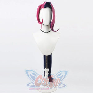 Hazbin Hotel Velvette cosplay wig front view, pink and dark purple black highlighted long hair