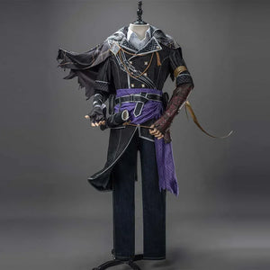 Mannequin dressed in the complete Verso cosplay outfit, featuring a black tunic, purple sash, and accessories, against a grey background.
