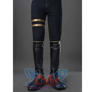 Close - up of Verso’s cosplay pants with gold straps and black leather boots.