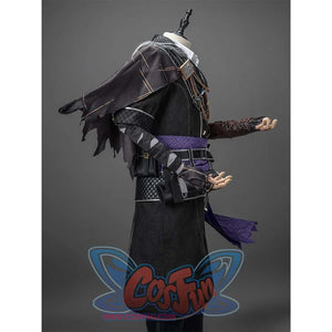 Angled view highlighting the intricate details of Verso’s cosplay costume, including the tunic’s patterns and sash.