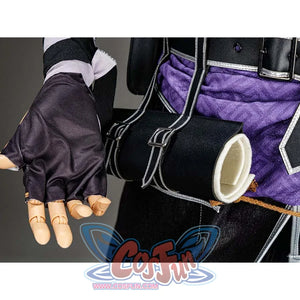 Close - up of Verso’s cosplay gloves and a cylindrical accessory attached to the purple sash.