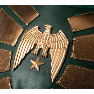 A metallic chestplate in a bronze-gold hue, emblazoned with a spread-winged eagle.