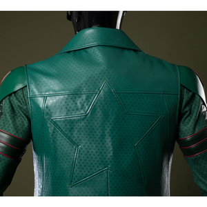 A long dark green PU leather trench coat with subtle star-patterned textures.