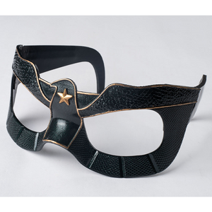 The mask is entirely black, adorned with golden bird-like lines and a star motif in the center.
