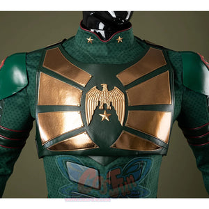 A metallic chestplate in a bronze-gold hue, emblazoned with a spread-winged eagle and a star-shaped emblem.