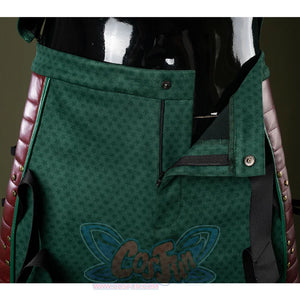 The pants are form-fitting with intricate textured patterns, accentuating the body shape.