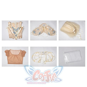 Enid Sinclair Gala dress complete costume set with vest, skirt, top, hoop skirt, tights, all components displayed flat