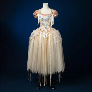 Enid Sinclair Gala dress cosplay costume with blue floral embroidery, cream tulle ball gown, off-shoulder puff sleeves