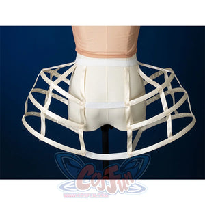 Enid Sinclair Gala dress hoop skirt back view with structured cage frame, cream ribbon waist ties, ball gown support system