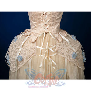 Enid Sinclair Gala dress side skirt back view with corset, blue floral appliques, cream lace, ribbon bows, layered tulle