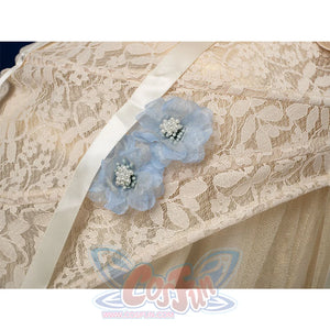 Enid Sinclair Gala dress skirt decoration with blue floral applique, pearl centers, cream lace, ribbon detail on tulle