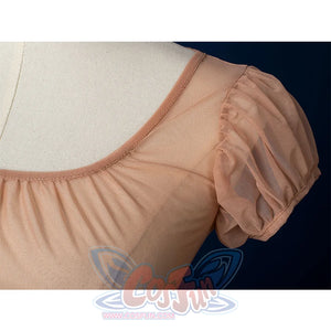 Enid Sinclair Gala dress top sleeves close-up with gathered peach puff sleeve detail, scoop neckline, soft fabric texture