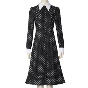 Wednesday cosplay black dress with white collar and cuffs on mannequin, full-length front view