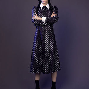 Wednesday cosplay navy dress with white collar, full-length front view, arms crossed