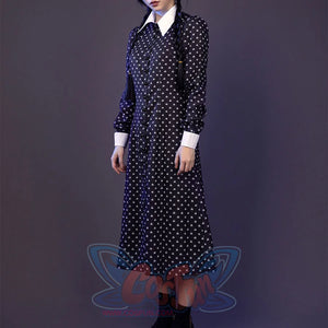 Wednesday cosplay navy dress with white collar and cuffs, front angle view with braided hair
