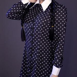 Wednesday cosplay navy dress upper body view, white collar, two long black braids with tassels