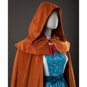 Holly cosplay yellow-brown hooded cloak side view with red bow and blue floral dress showing underneath
