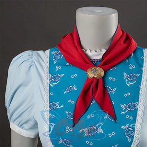 Wheeler cosplay costume dress bodice with red bow, gold brooch, blue floral pattern, white lace trim